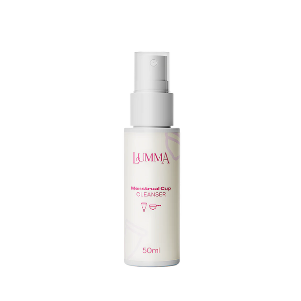 Lumma Menstrual Cup Cleanser bottle on a transparent background