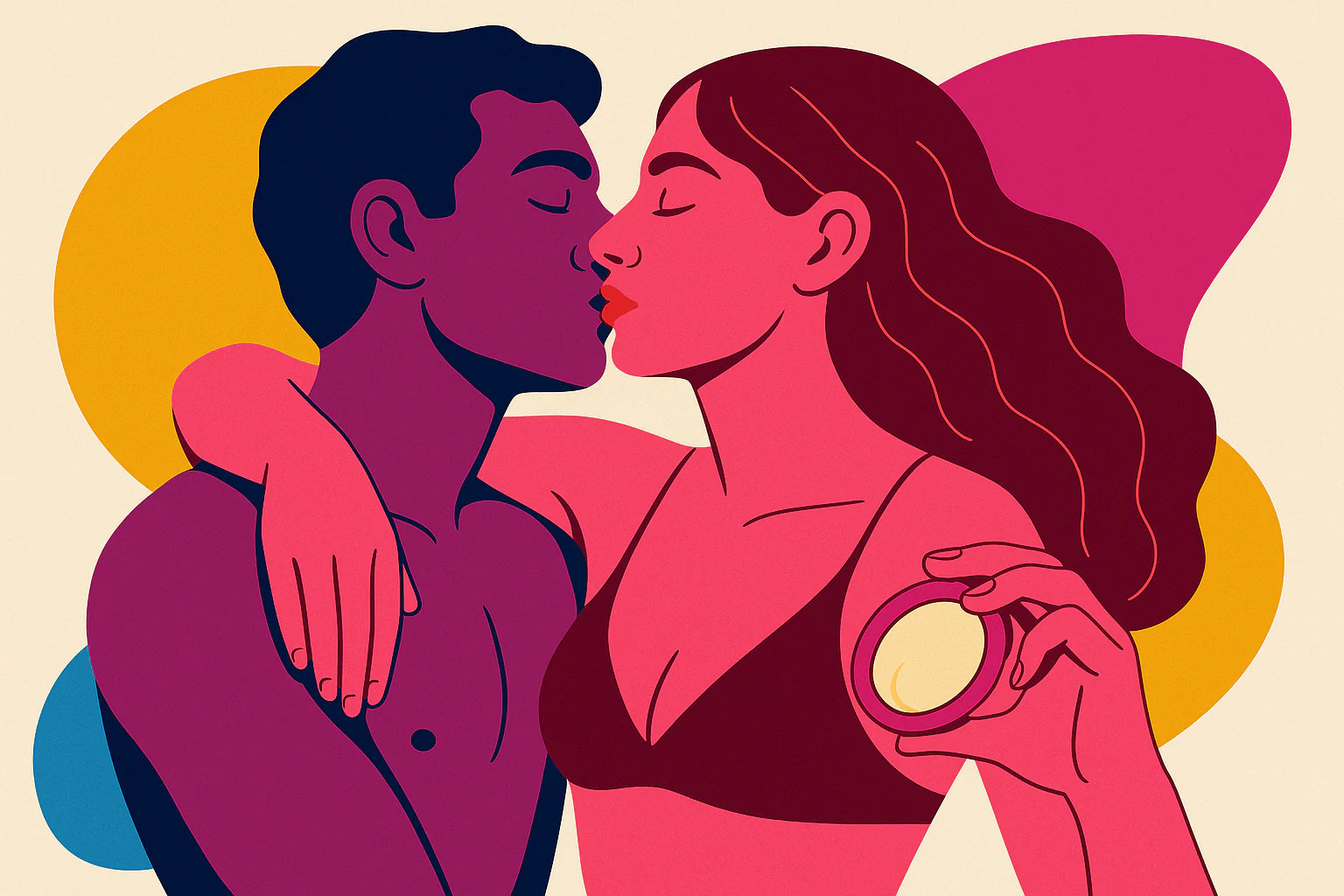 Illustration of a couple embracing with one person holding a menstrual disc against a colorful background